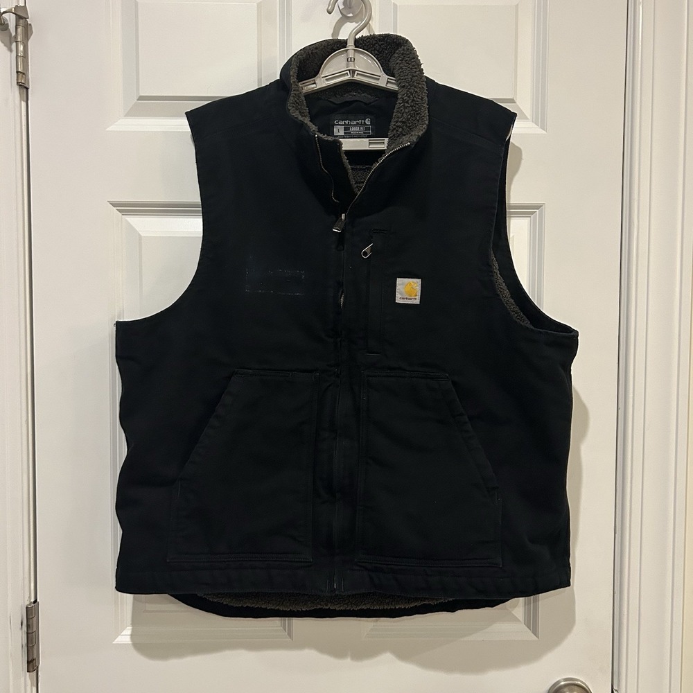 Carhartt Loose Fit Size L Sherpa Lined Canvas Duck Vest Black Full Zip OV4277-M